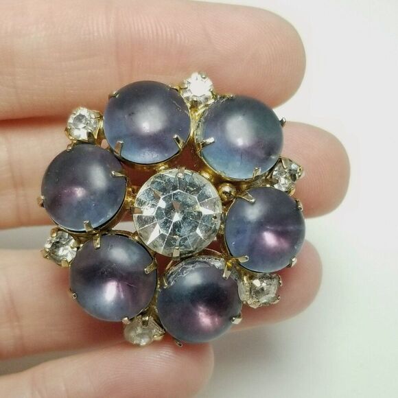 Vintage Purple Blue Cabochon Rhinestone Cluster Brooch, Retro 70s Style Estate - Picture 5 of 6